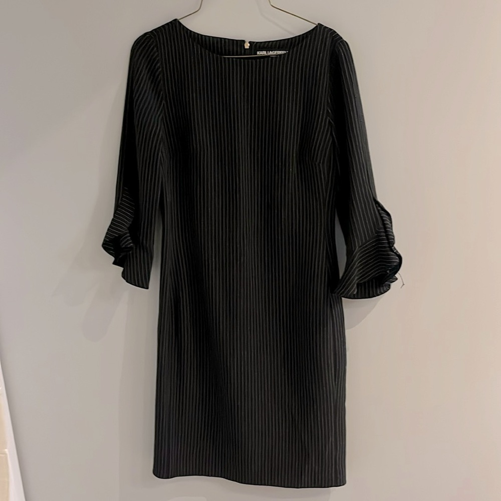 Karl Lagerfeld black and white striped shift dress with ruffle sleeve